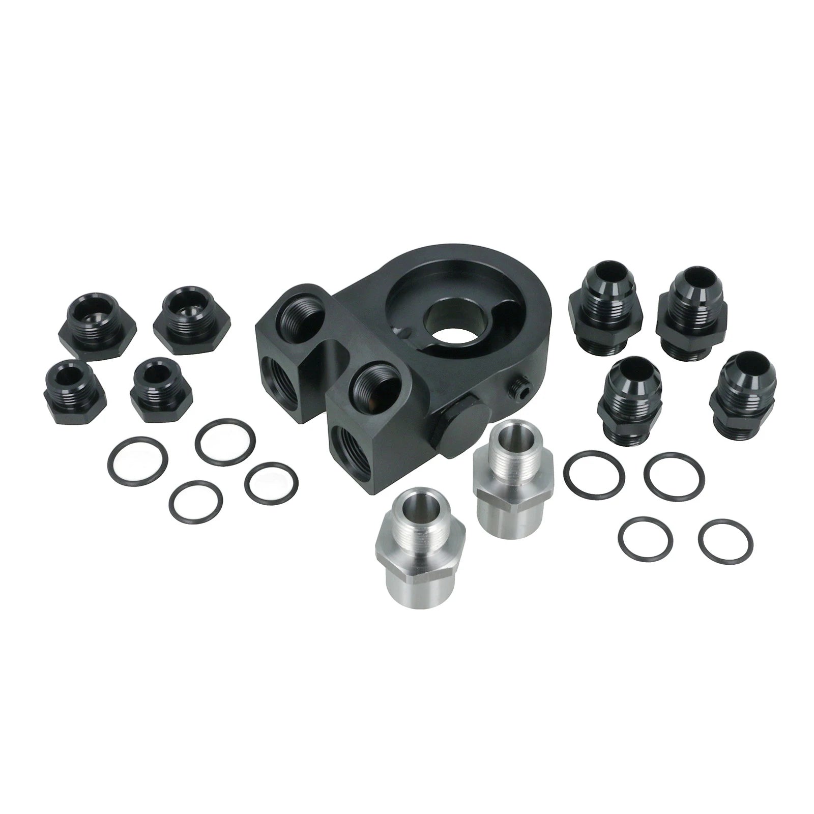 BOOST Products Billet Oil Filter Sandwich Plate Adapter w/ Thermostat, black anodized (OF-M22-BM)