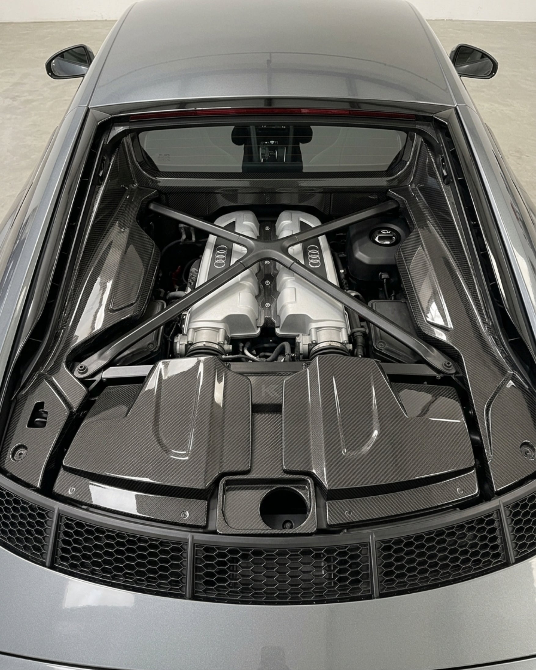 K2 Industries Audi R8 V10 4S Dry Carbon Fiber Engine Bay Cover Kit – 3 Piece Set (2017–2023)