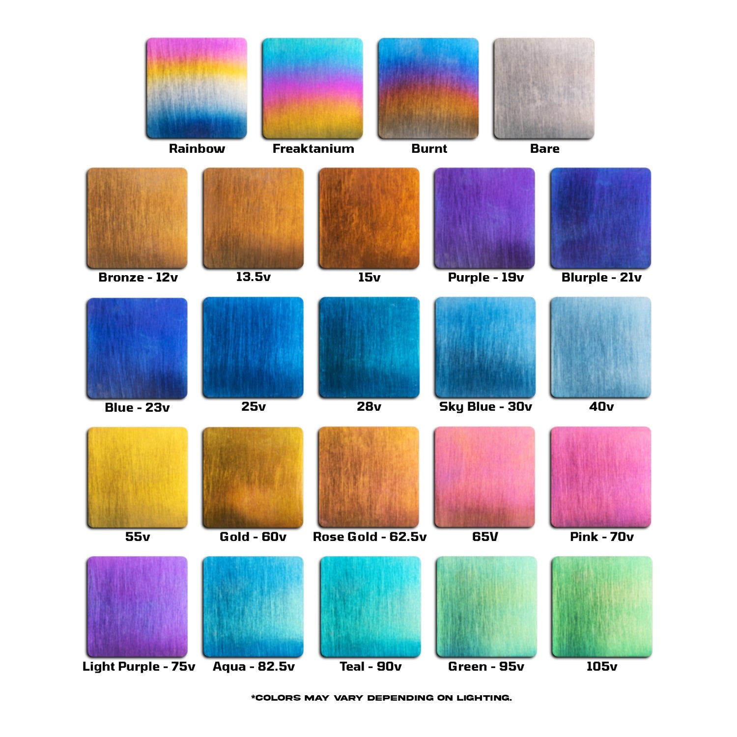 Color swatch chart with various color names and values on a white background