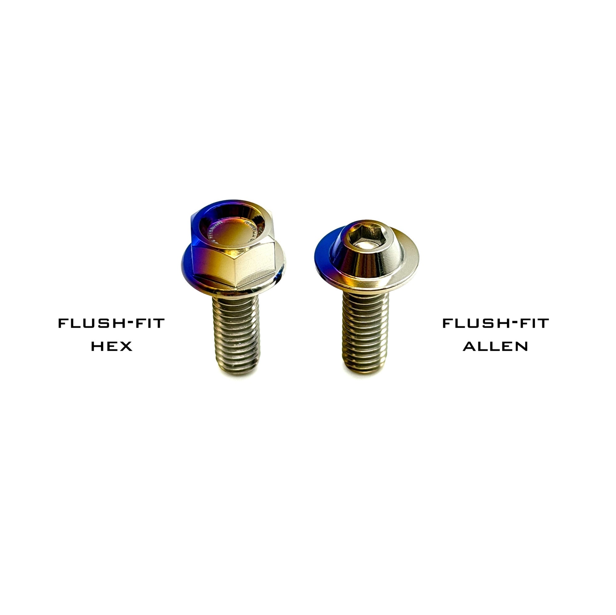 Two metallic screws labeled 'Flush-Fit Hex' and 'Flush-Fit Allen' on a white background.