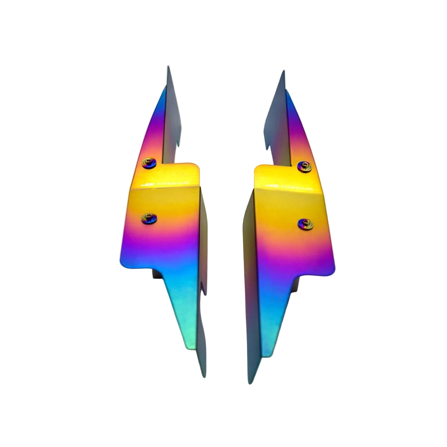 JDC Titanium fender shroud for 2023-2025 Toyota GR Corolla in a Freaktanium gradient finish with matching titanium hardware on a white background