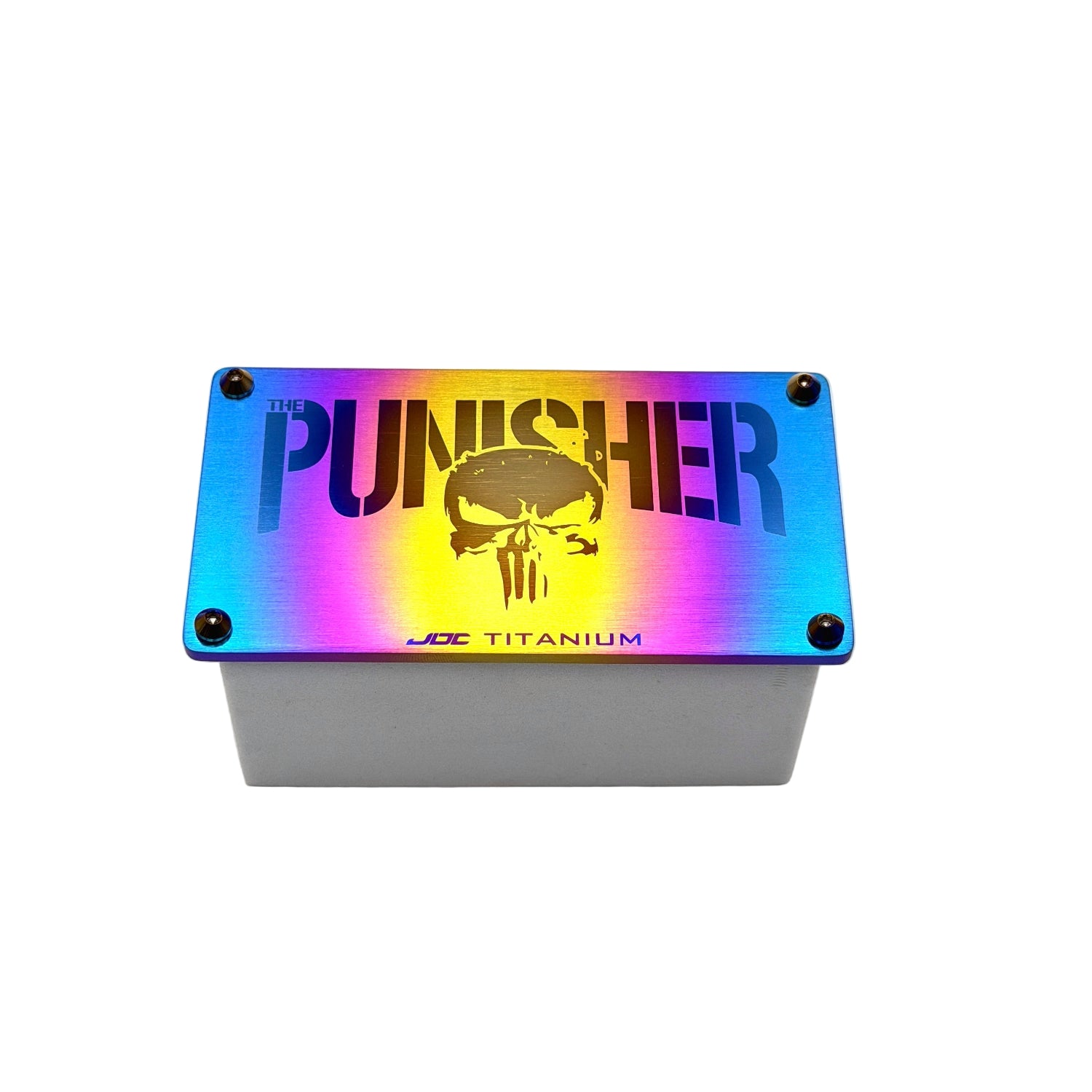 Rectangular metal block with 'Punisher' logo on a white background