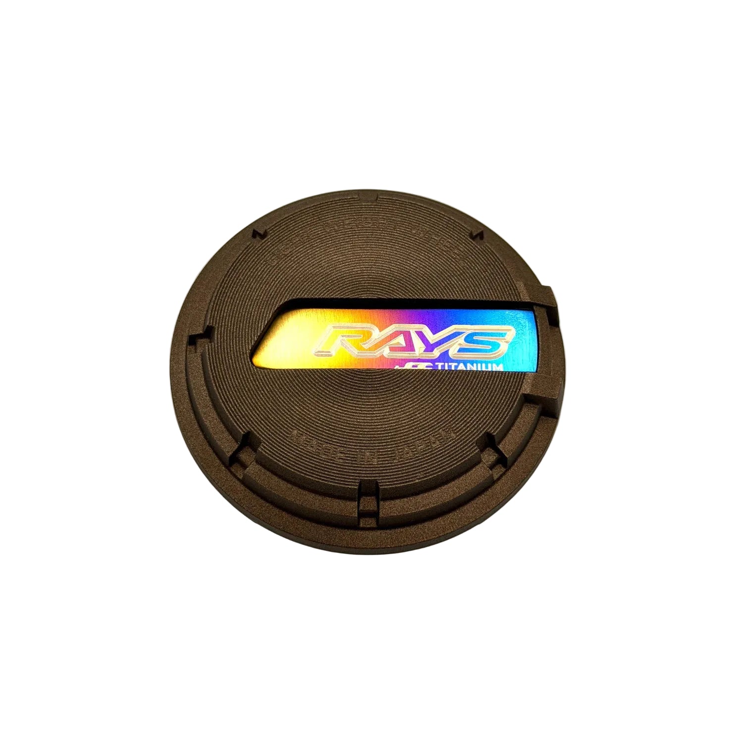 Rays wheel center cap with JDC Titanium plaque insert finished in a burnt gradient anodized color with Rays and JDC Titanium logo.