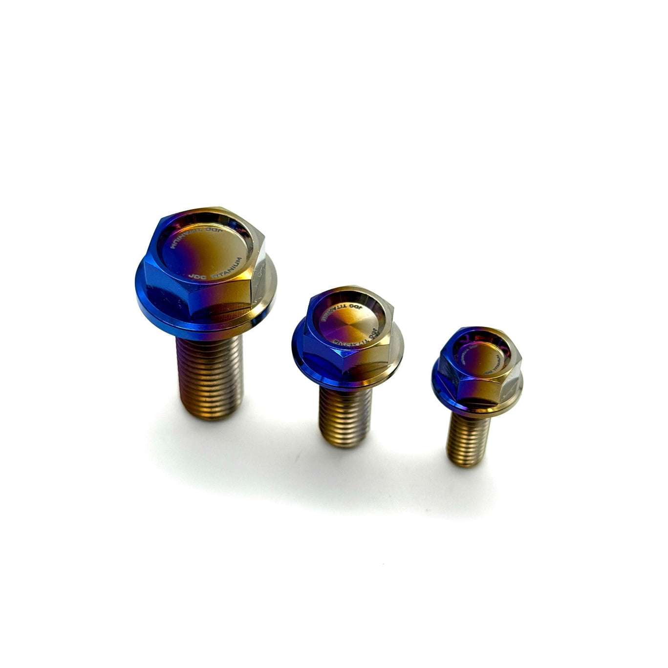 JDC Titanium flush-fit hex flange bolts in a burnt gradient color