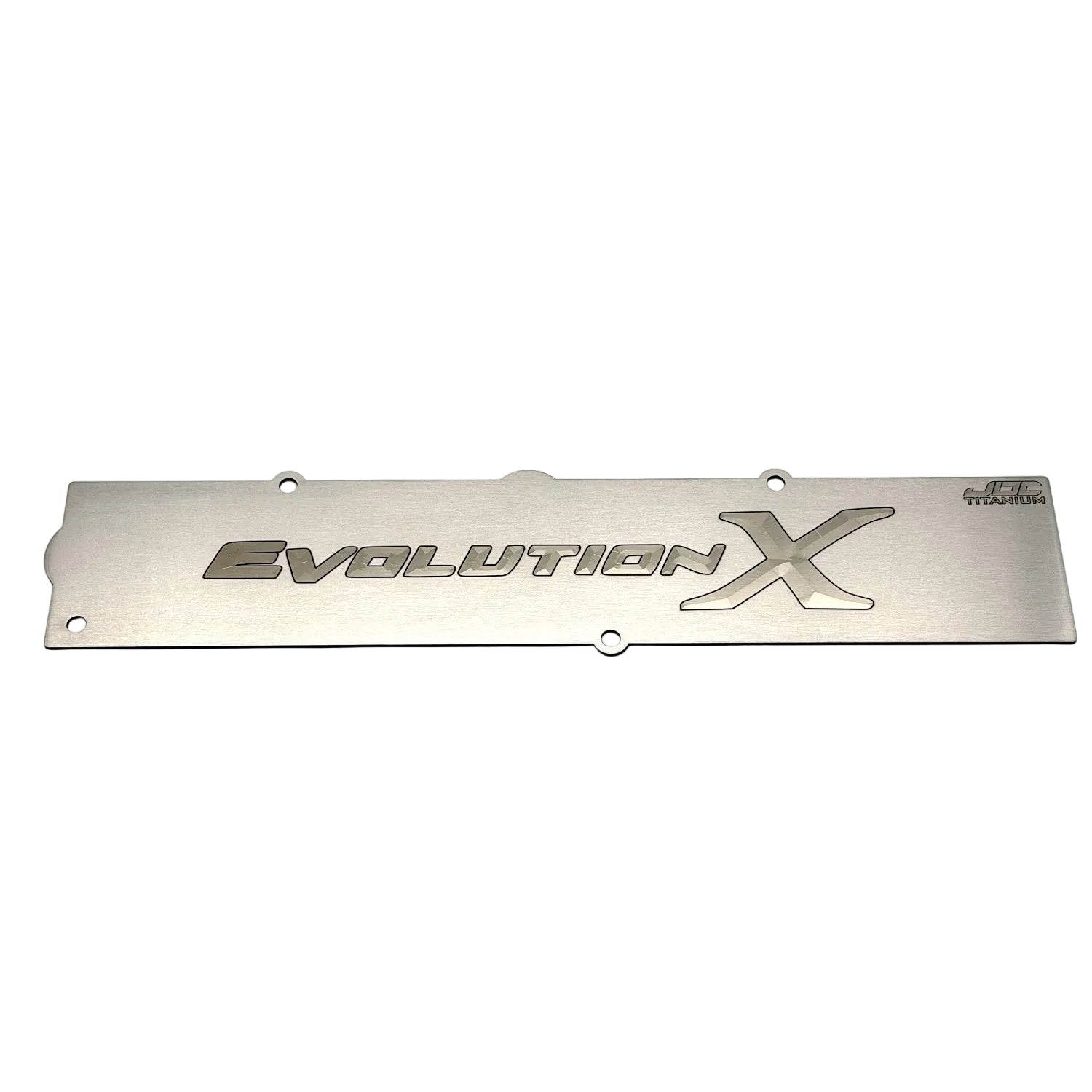 Bare titanium spark plug cover for Evolution X with a bare logo and dark outline.