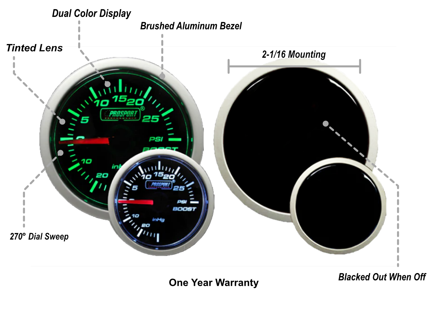 Prosport 2-1/16" Green/White Mechanical Boost Gauge