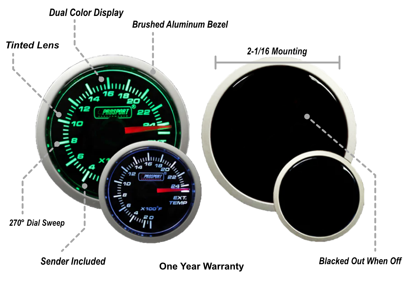Prosport 2-1/16" Green/White Exhaust Gas Temperature Gauge