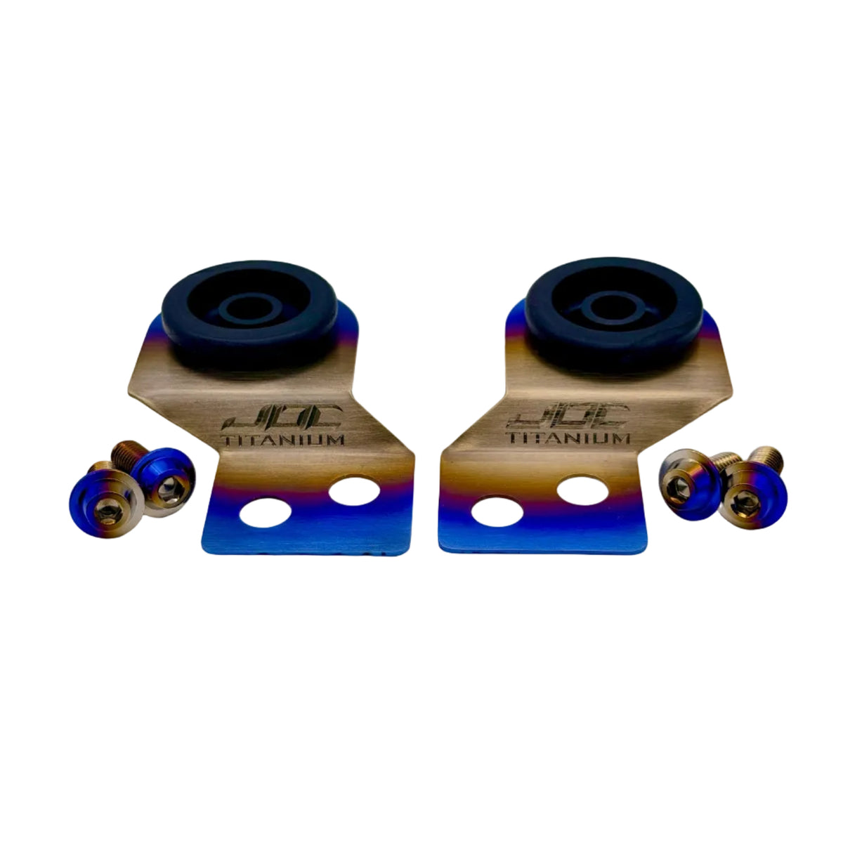 Titanium radiator stay bracket for Mitsubishi Evolution 4, 5, and 6 in a burnt gradient finish with titanium hardware and rubber bushings