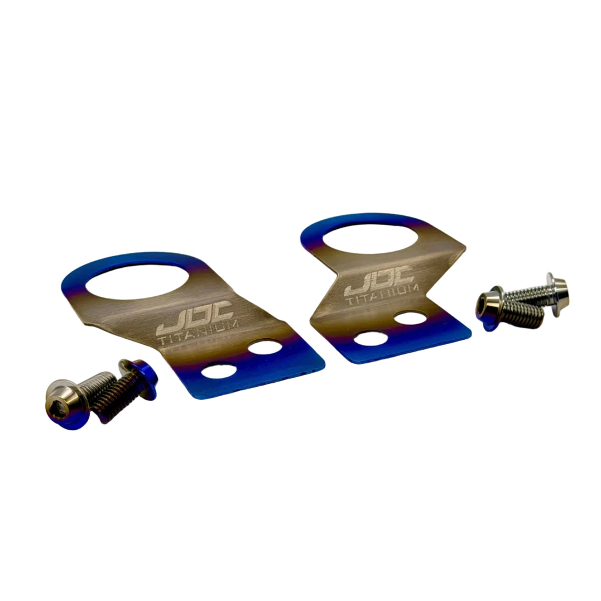 Titanium radiator stay bracket for Mitsubishi Evolution 4, 5, and 6 in a burnt gradient finish with titanium hardware and rubber bushings
