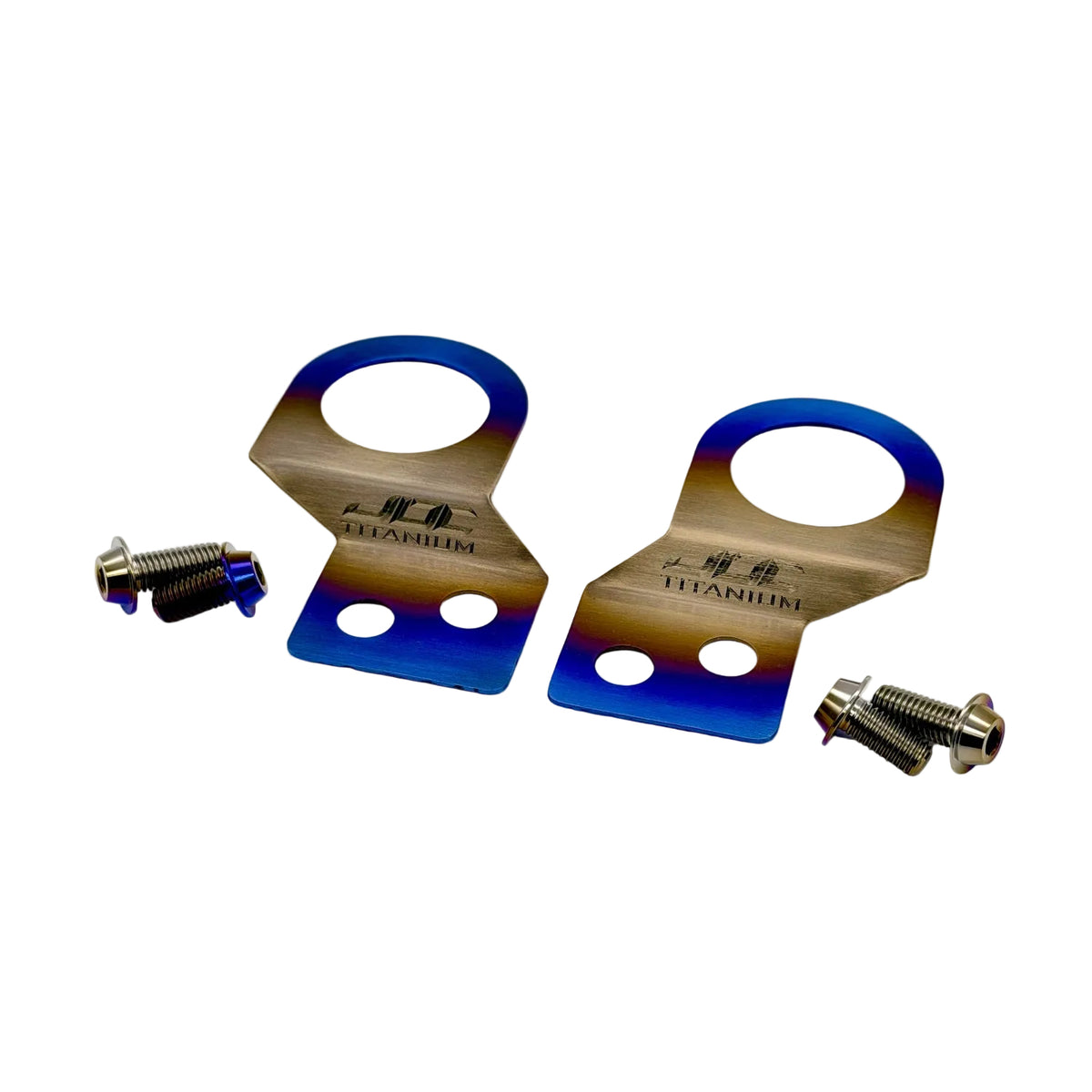 Titanium radiator stay bracket for Mitsubishi Evolution 4, 5, and 6 in a burnt gradient finish with titanium hardware and rubber bushings