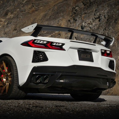 2020 C8 Corvette rear view displaying a Borla exhaust system.