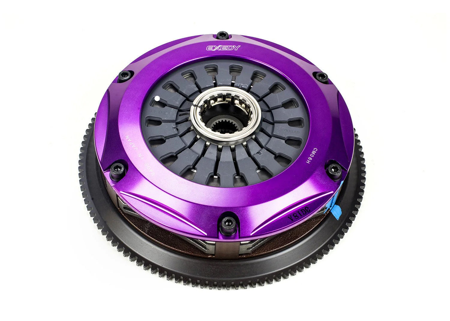 Purple and black clutch plate on a white background
