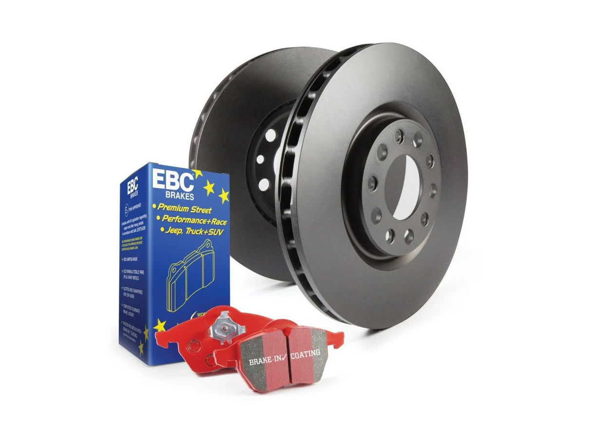 Brake disc, brake pads, and EBC Brakes packaging on a white background