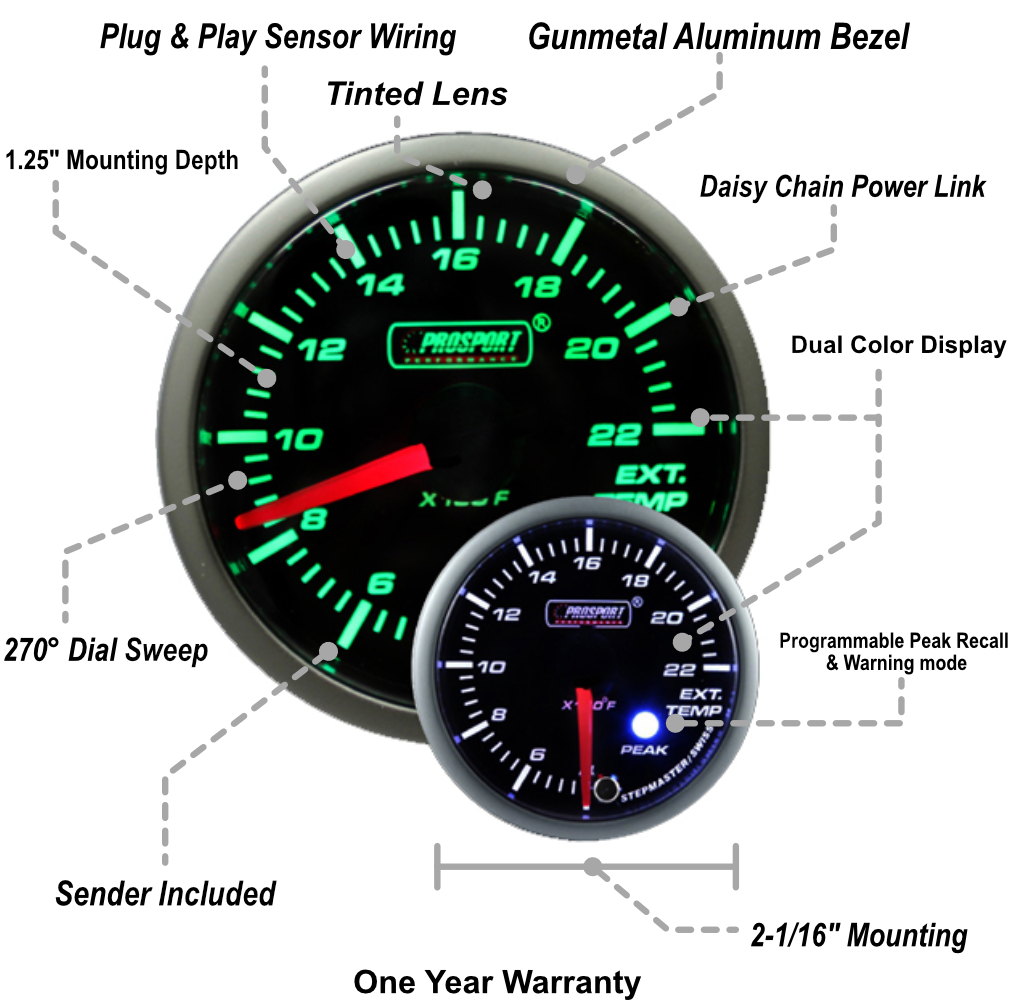 Medidor de presión de aire premium Prosport verde/blanco de 2-1/16"