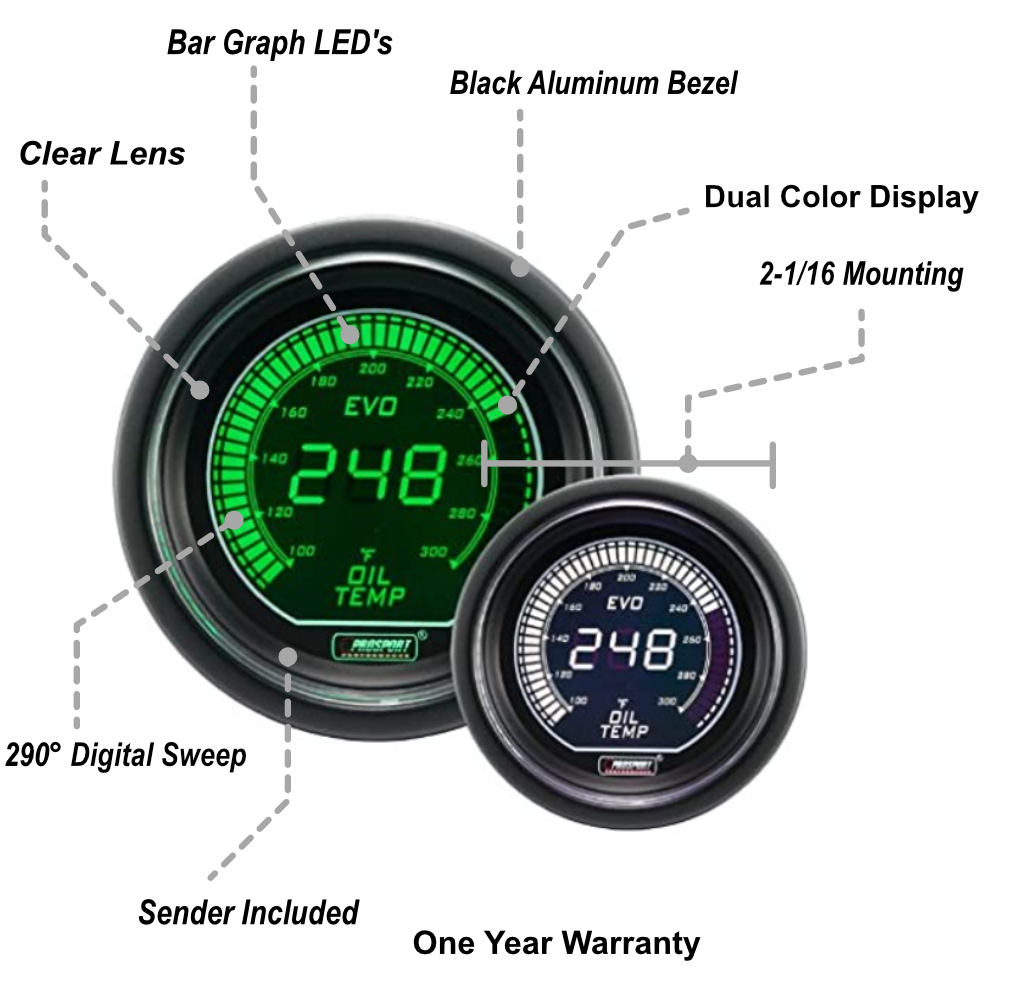 Medidor de temperatura de aceite eléctrico verde y blanco Prosport Evo de 2-1/16"