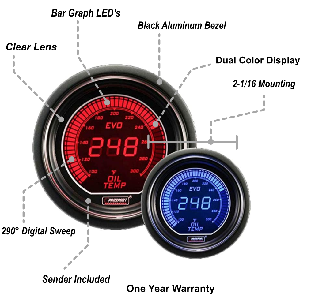Medidor de temperatura de aceite eléctrico Prosport Evo de 2-1/16"