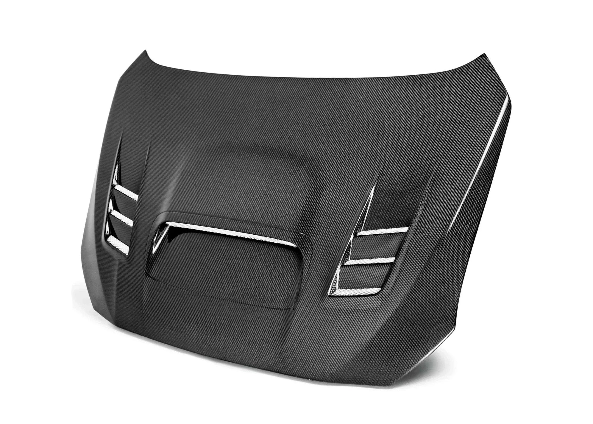 Carbon fiber car hood with a glossy finish on a white background