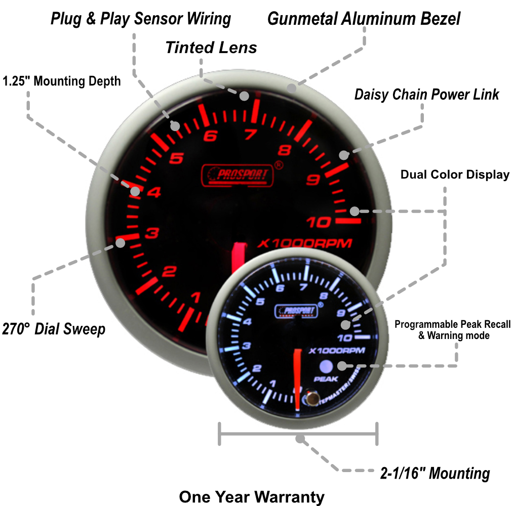 Prosport 2-1/16" Premium Amber / White Tachometer
