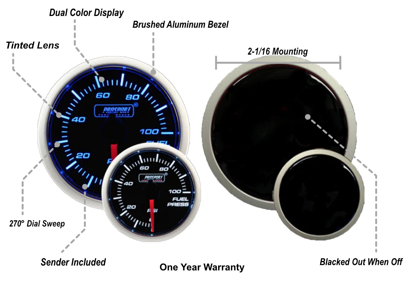 Medidor de presión de combustible azul/blanco Prosport de 2-1/16"