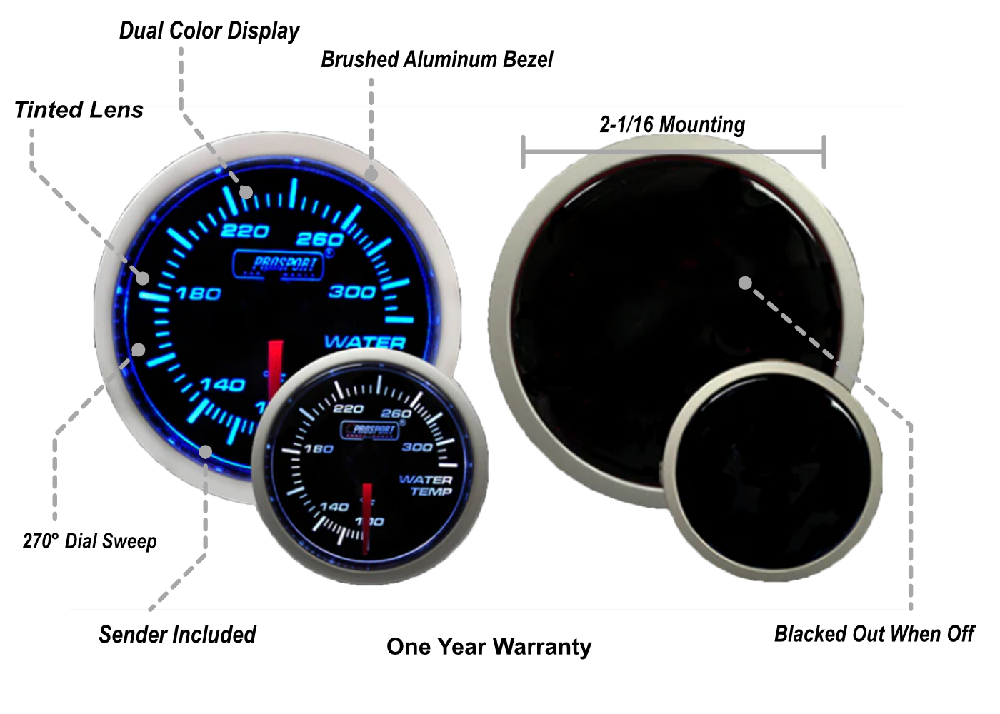 Medidor de temperatura de agua azul/blanco Prosport de 2-1/16"