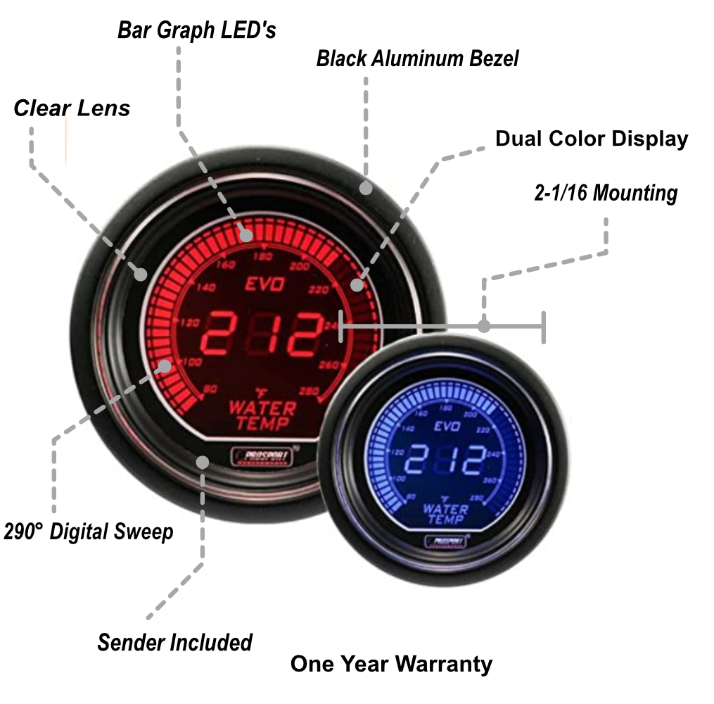 Medidor de temperatura de agua eléctrico Prosport Evo de 2-1/16"