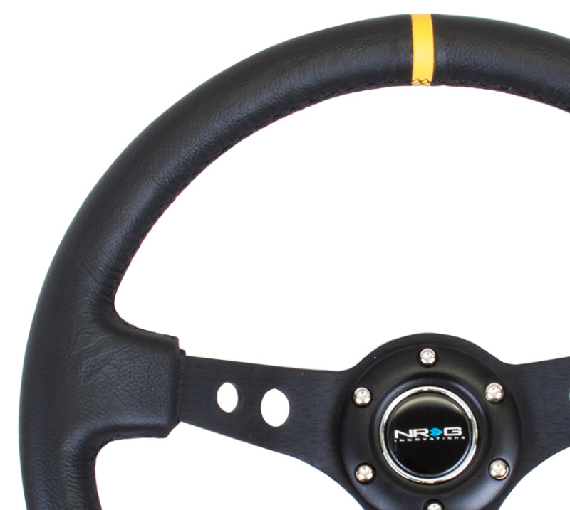 NRG Reinforced Steering Wheel Black Leather w/Black Cutout Spoke/Yellow Center Mark (Universal)