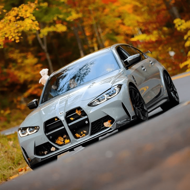 G80 BMW Driving Through Fall FOliage With Orange And Yellow Leaves