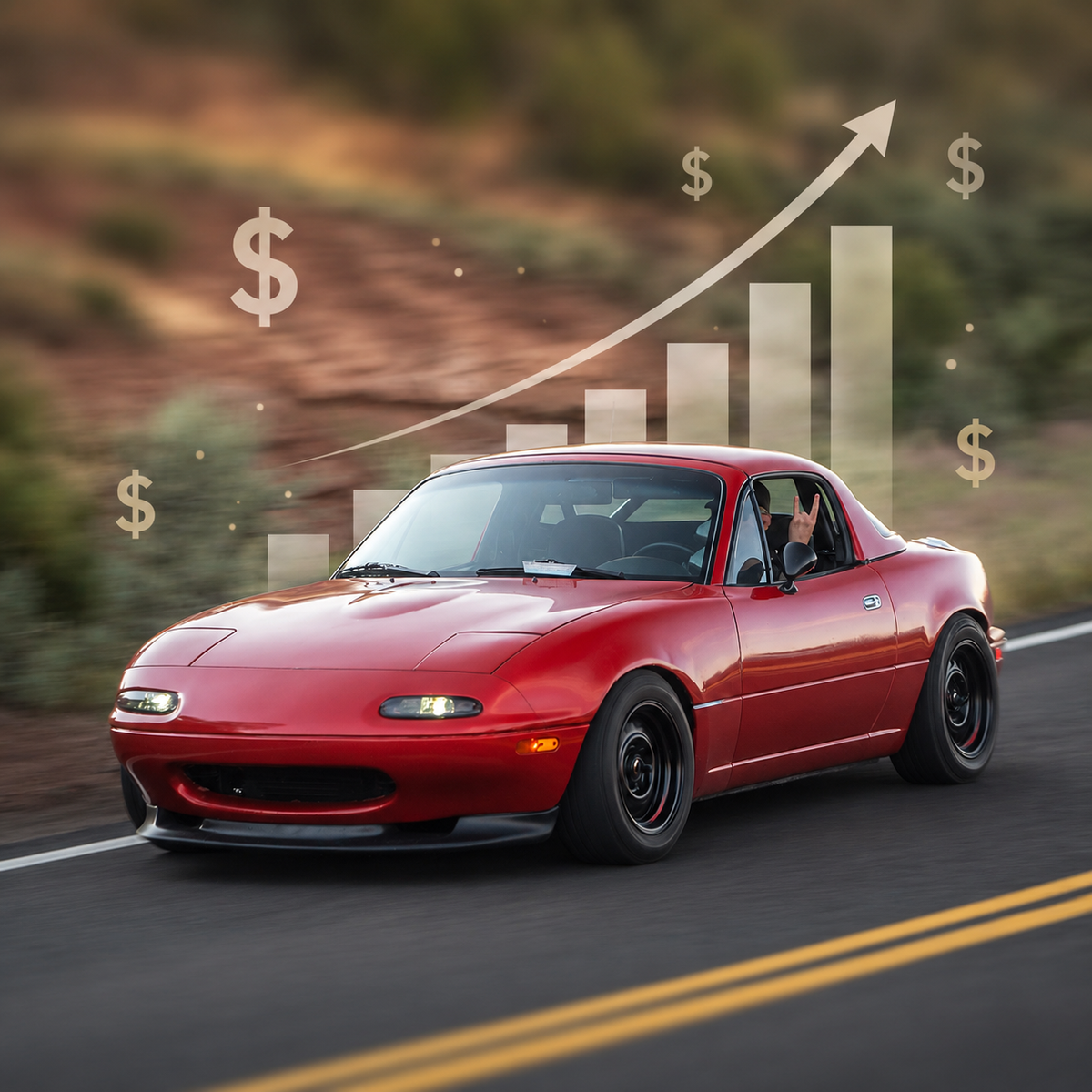 Red N/A Mazda Miata With Upwards Graph And Dollar Signs Behind It