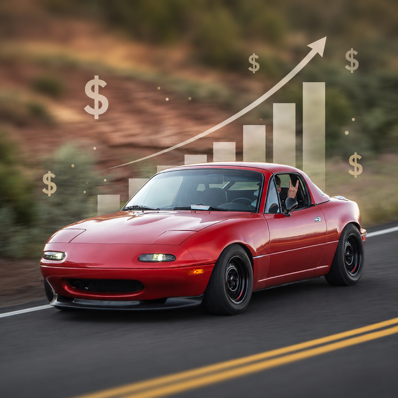 Red N/A Mazda Miata With Upwards Graph And Dollar Signs Behind It
