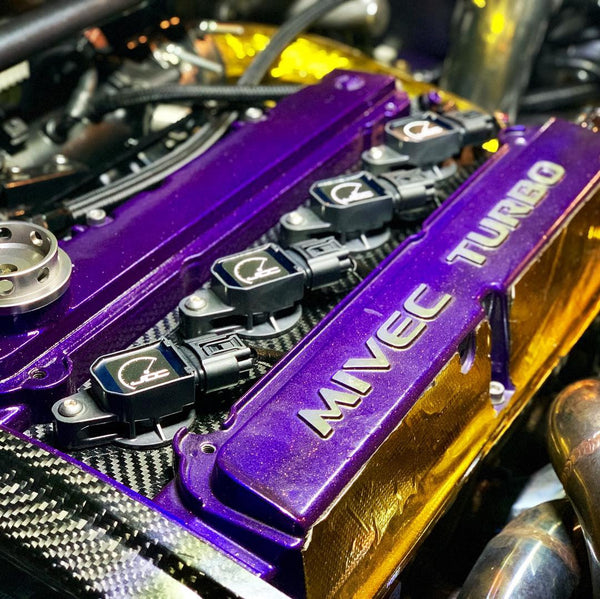Purple Mitsubishi 4G63 Valve Cover With Carbon Fiber JDC Coil On Plug System Installed