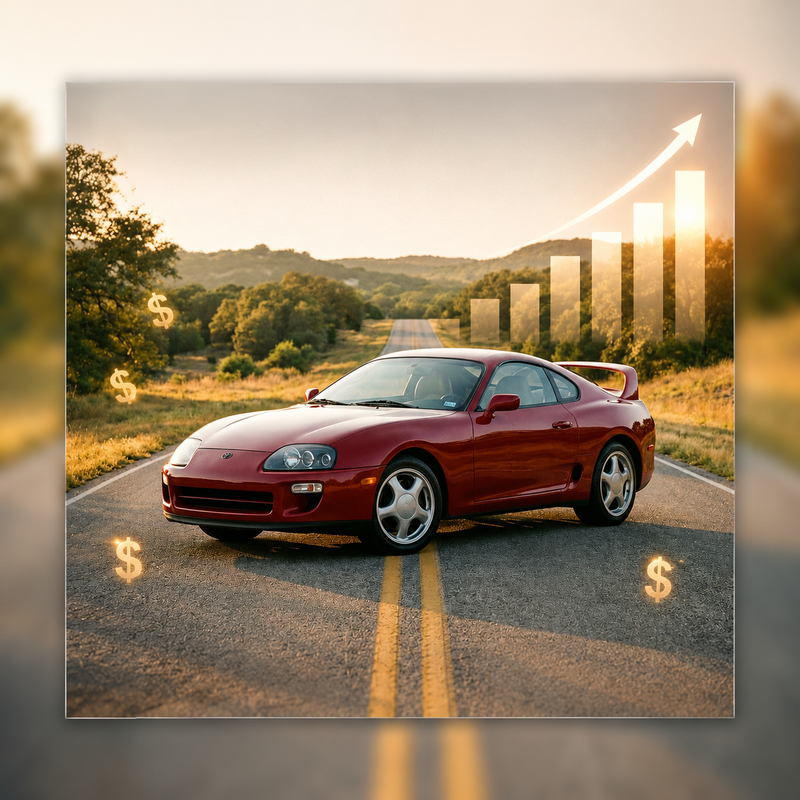 Toyota MK4 Supra With Rising Value Graph Behind It