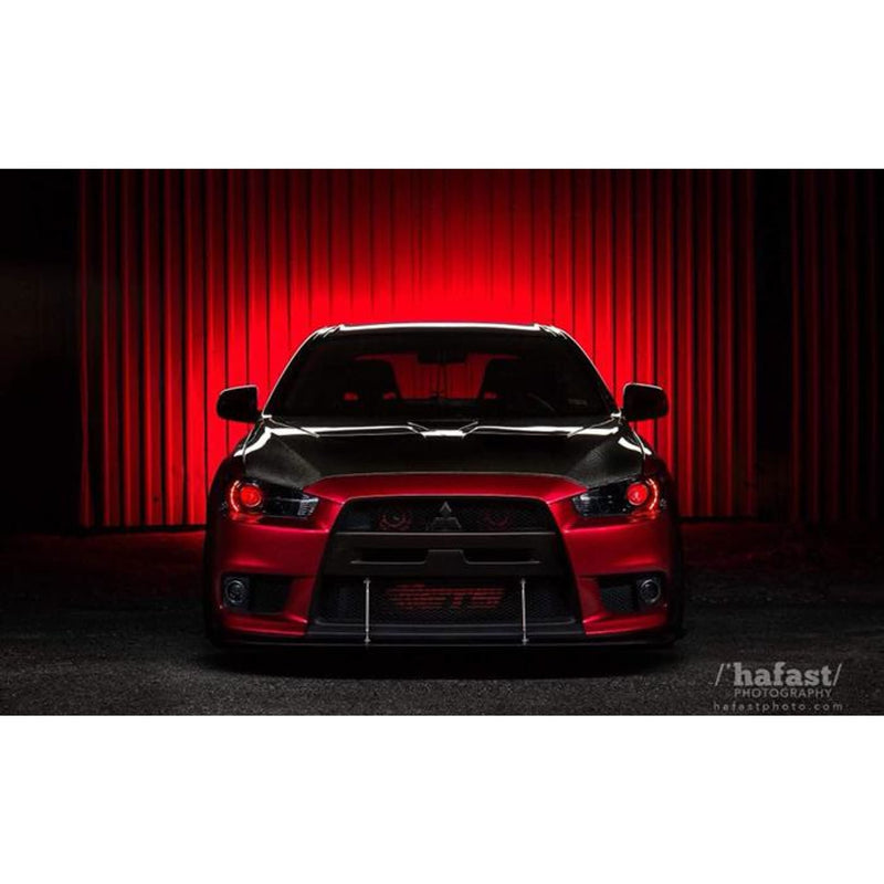 Mitsubishi Evo X with Carbon Hood And Red Backdrop