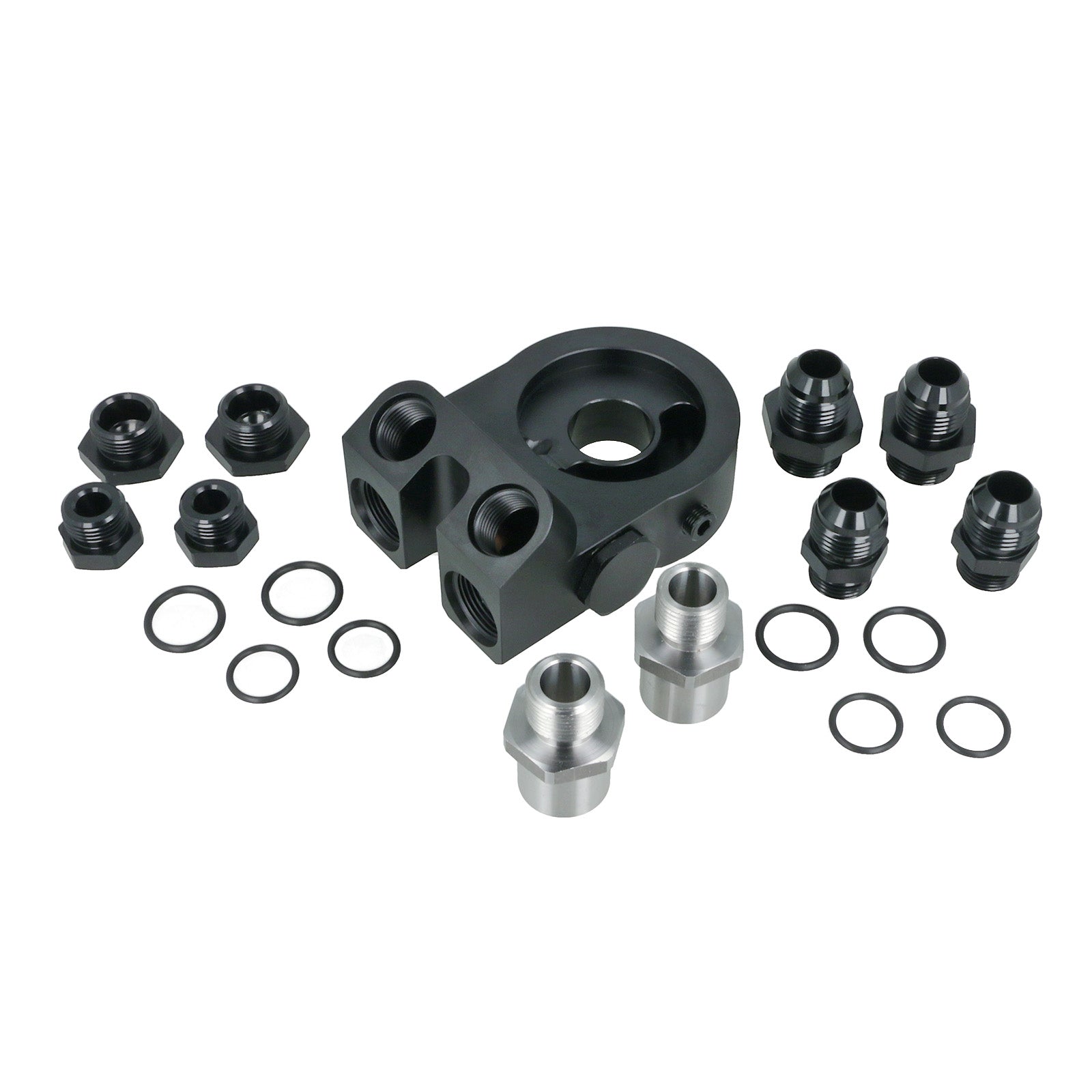 BOOST Products Billet Oil Filter Sandwich Plate Adapter  w/ Thermostat, black anodized (OF-M22-BM)