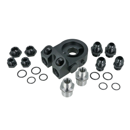 BOOST Products Billet Oil Filter Sandwich Plate Adapter  w/ Thermostat, black anodized (OF-M22-BM)