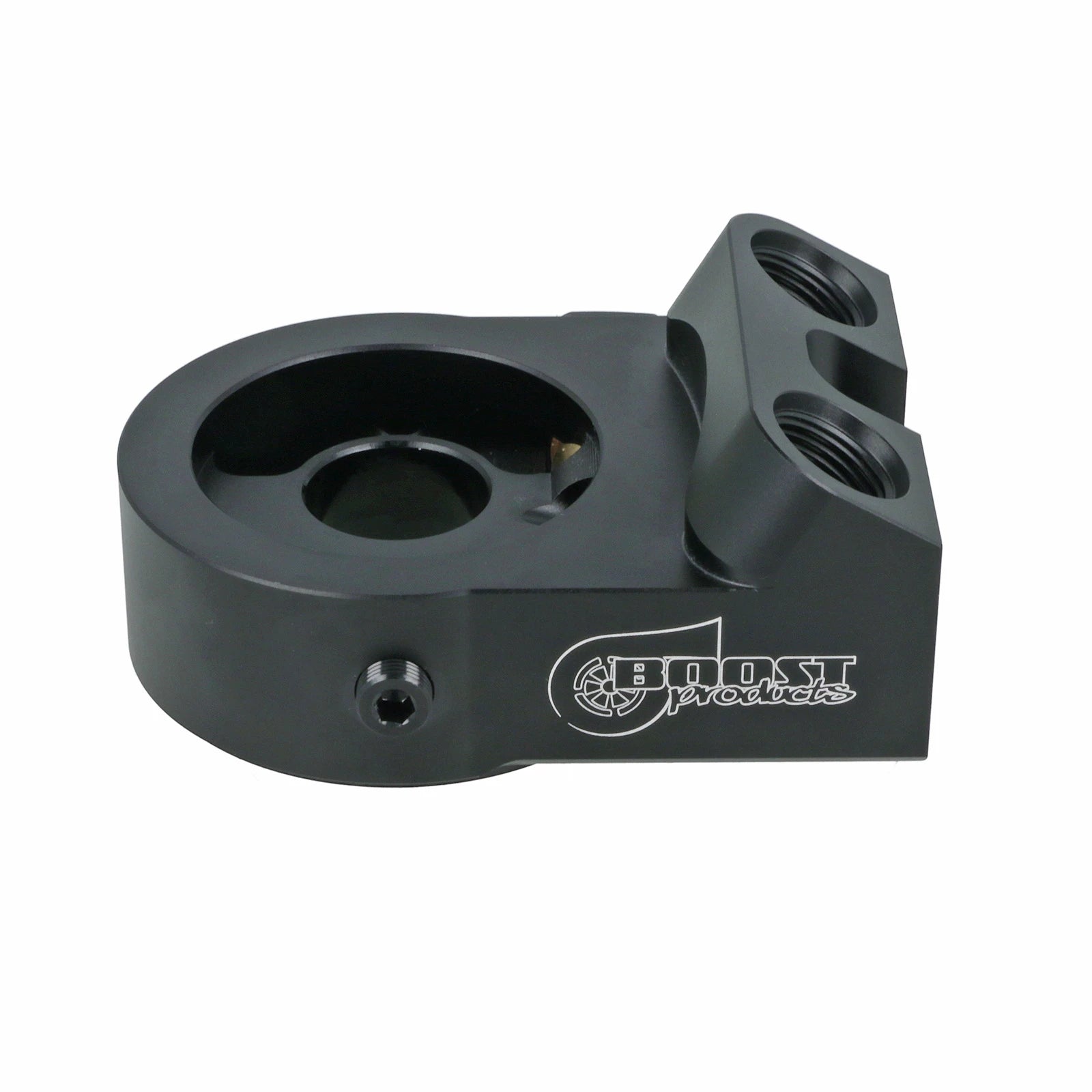 BOOST Products Billet Oil Filter Sandwich Plate Adapter  w/ Thermostat, black anodized (OF-M22-BM)