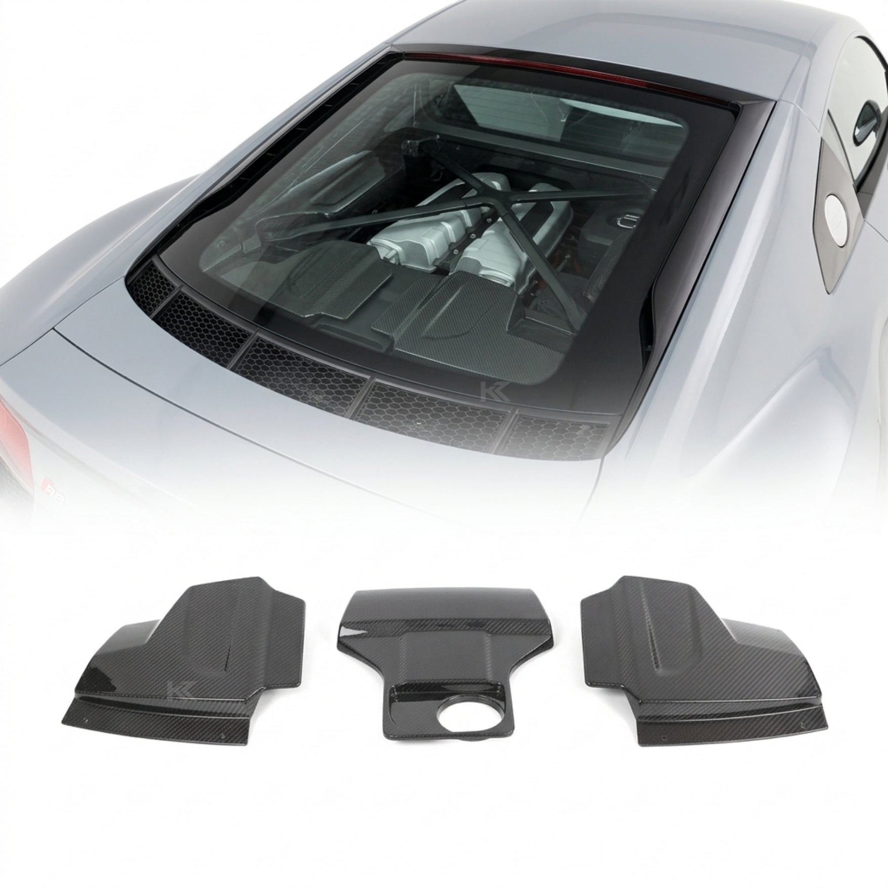 K2 Industries Audi R8 V10 4S Dry Carbon Fiber Engine Bay Cover Kit – 3 Piece Set (2017–2023)