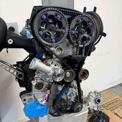 Purple JDC Titanium bolts and washers on a set of AEM cam gears.