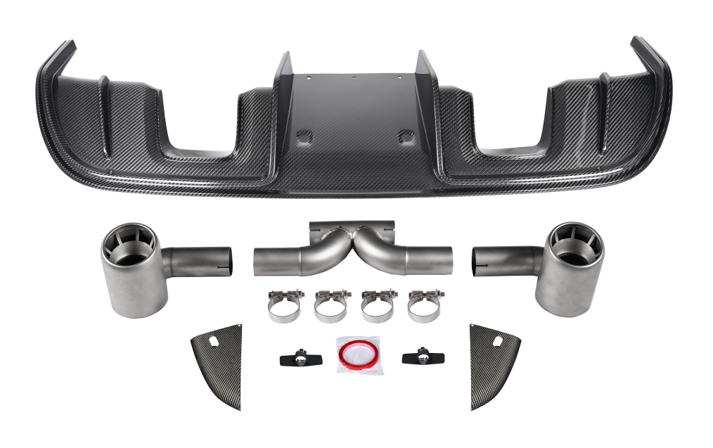 Difusor trasero de fibra de carbono estilo autoclave Porsche 718 Cayman Boxster GT4RS Carbonado 2017-2025 con alerones y puntas de escape