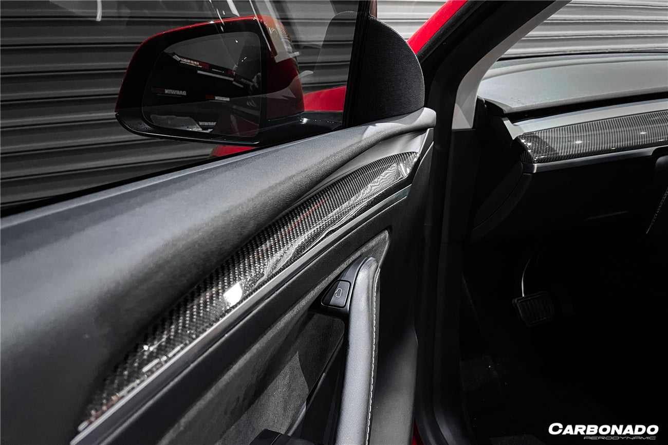 Reemplazo de molduras interiores de puertas de fibra de carbono estilo autoclave para Tesla Model 3 Y (modelos OEM) 2020-2023