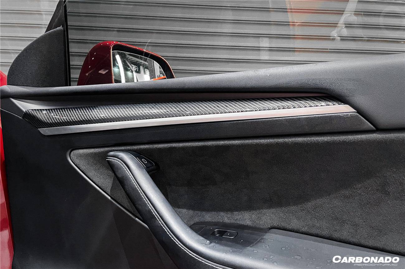 Reemplazo de molduras interiores de puertas de fibra de carbono estilo autoclave para Tesla Model 3 Y (modelos OEM) 2020-2023