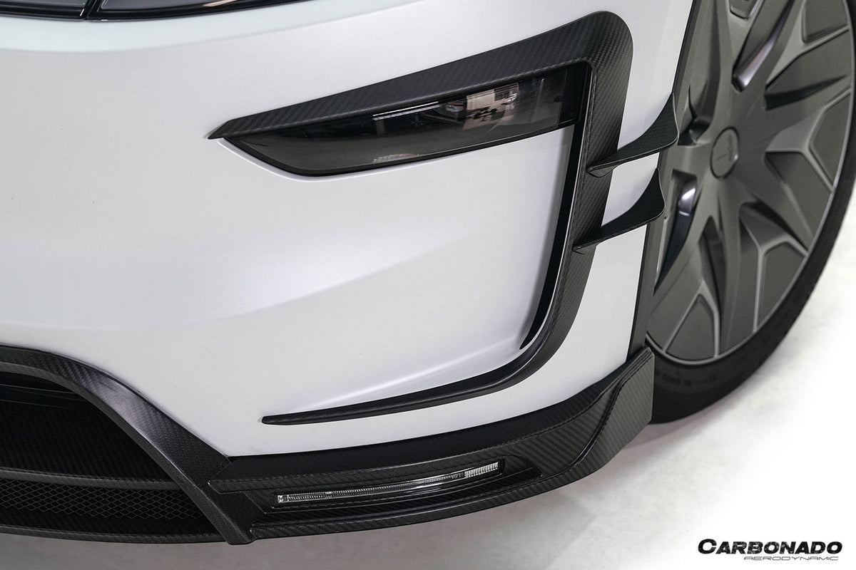 2025-UP Tesla Autoclave Carbon Fiber Front Lip With LED Light Carbonado (RW) Fits:  Model Y, Model YL (DRYCFMODELY-EU-RW-FL)