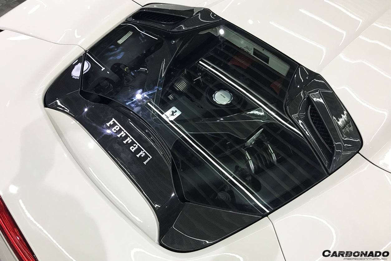Carbonado 1x1 Weave Dry Carbon Fiber Engine Hood With Glass | 2015-2019 Ferrari 488, Pista Spider