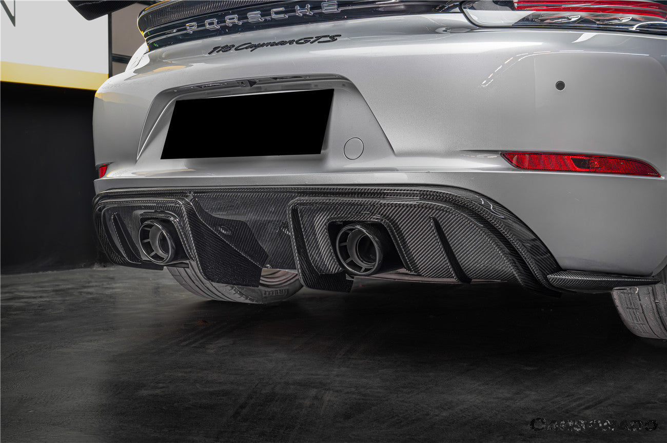 Difusor trasero de fibra de carbono estilo autoclave Porsche 718 Cayman Boxster GT4RS Carbonado 2017-2025 con alerones y puntas de escape