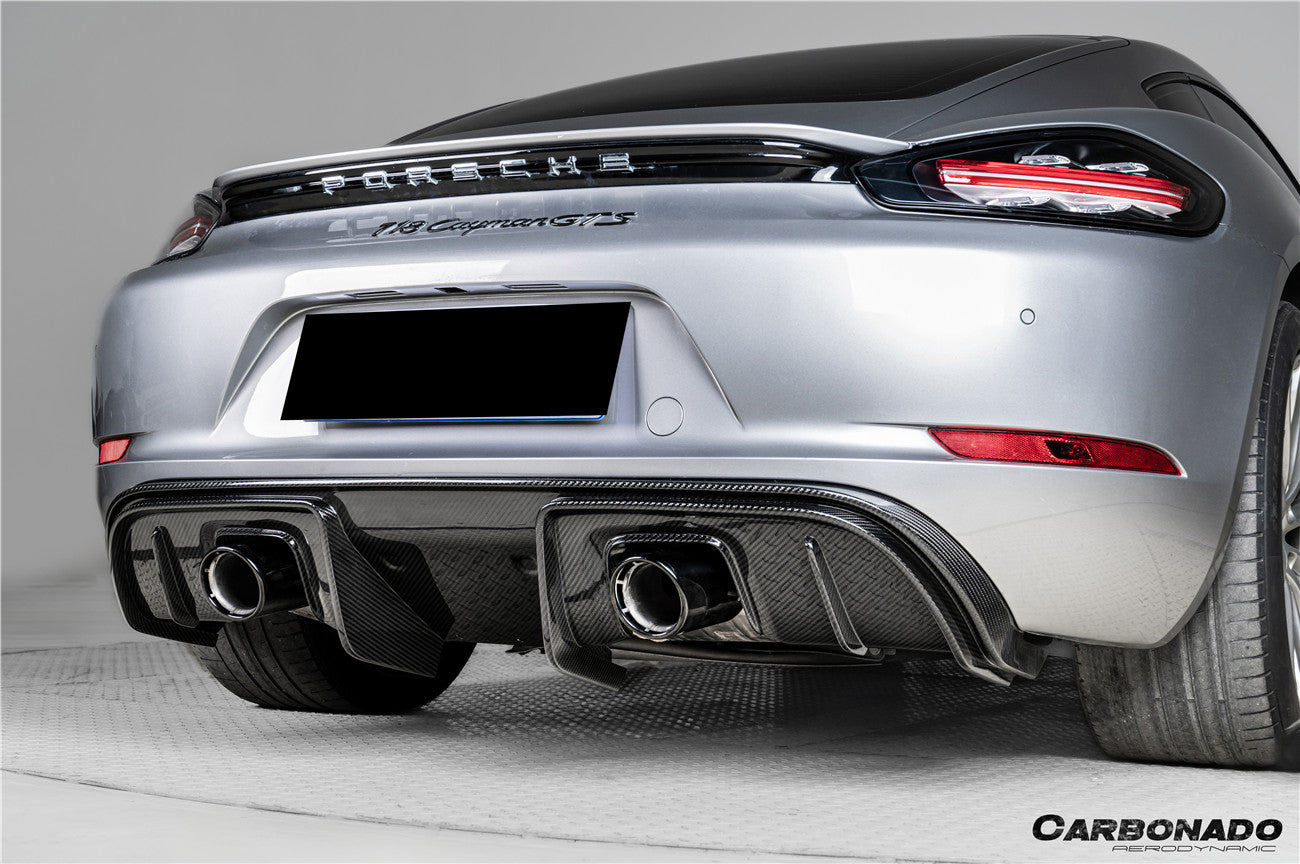 Difusor trasero de fibra de carbono estilo autoclave Porsche 718 Cayman Boxster GT4RS Carbonado 2017-2025 con alerones y puntas de escape