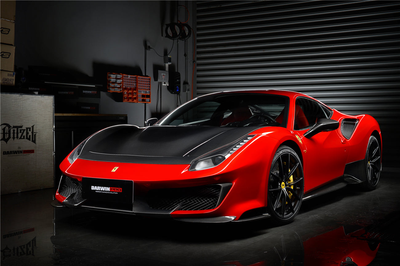 DarwinPRO 2015-2020 Ferrari 488 GTB | Spider Pista Style Carbon Fiber Front Bumper Set with Hood