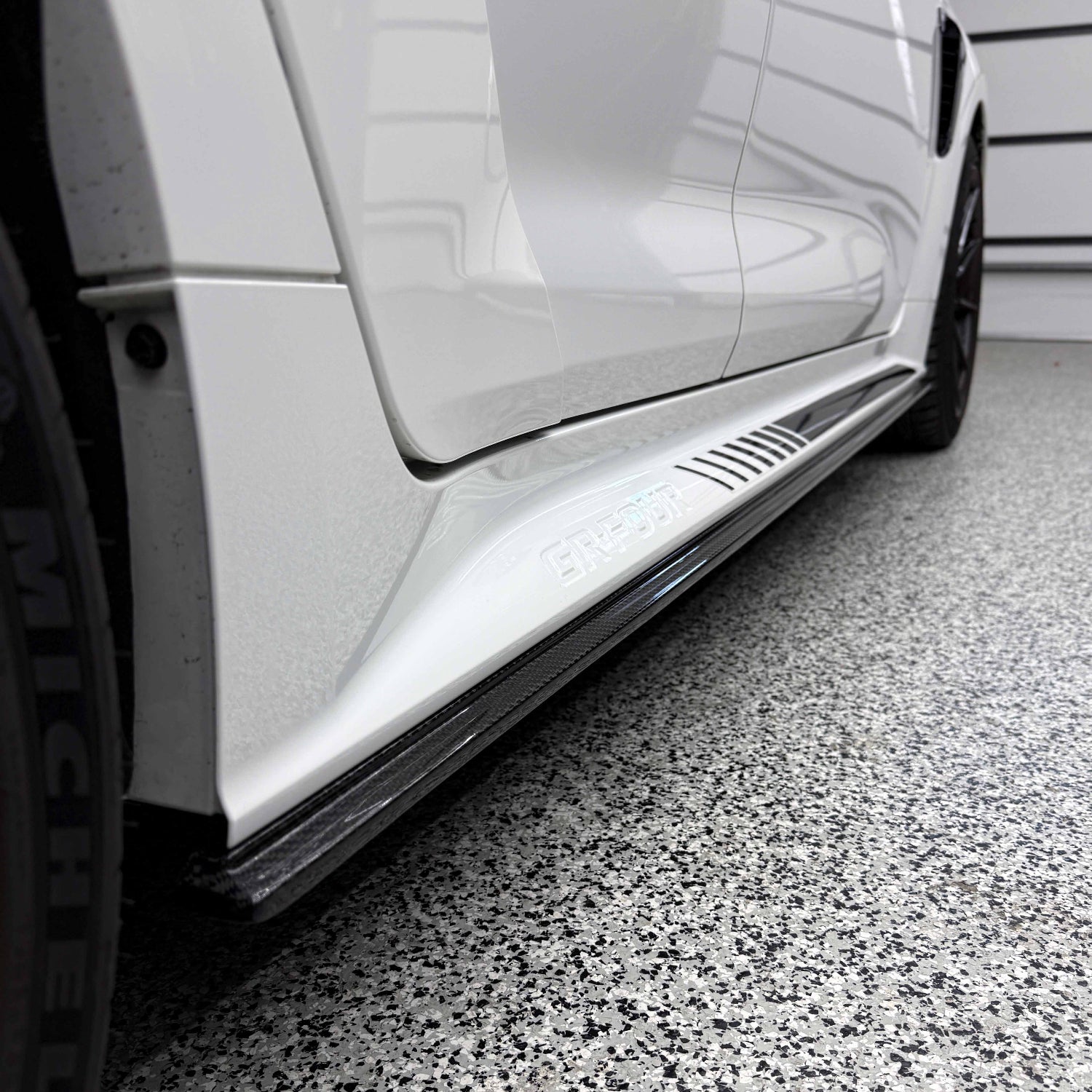 Close up of the carbon fiber side skirt by Rexpeed installed on the 2023+ GR Corolla
