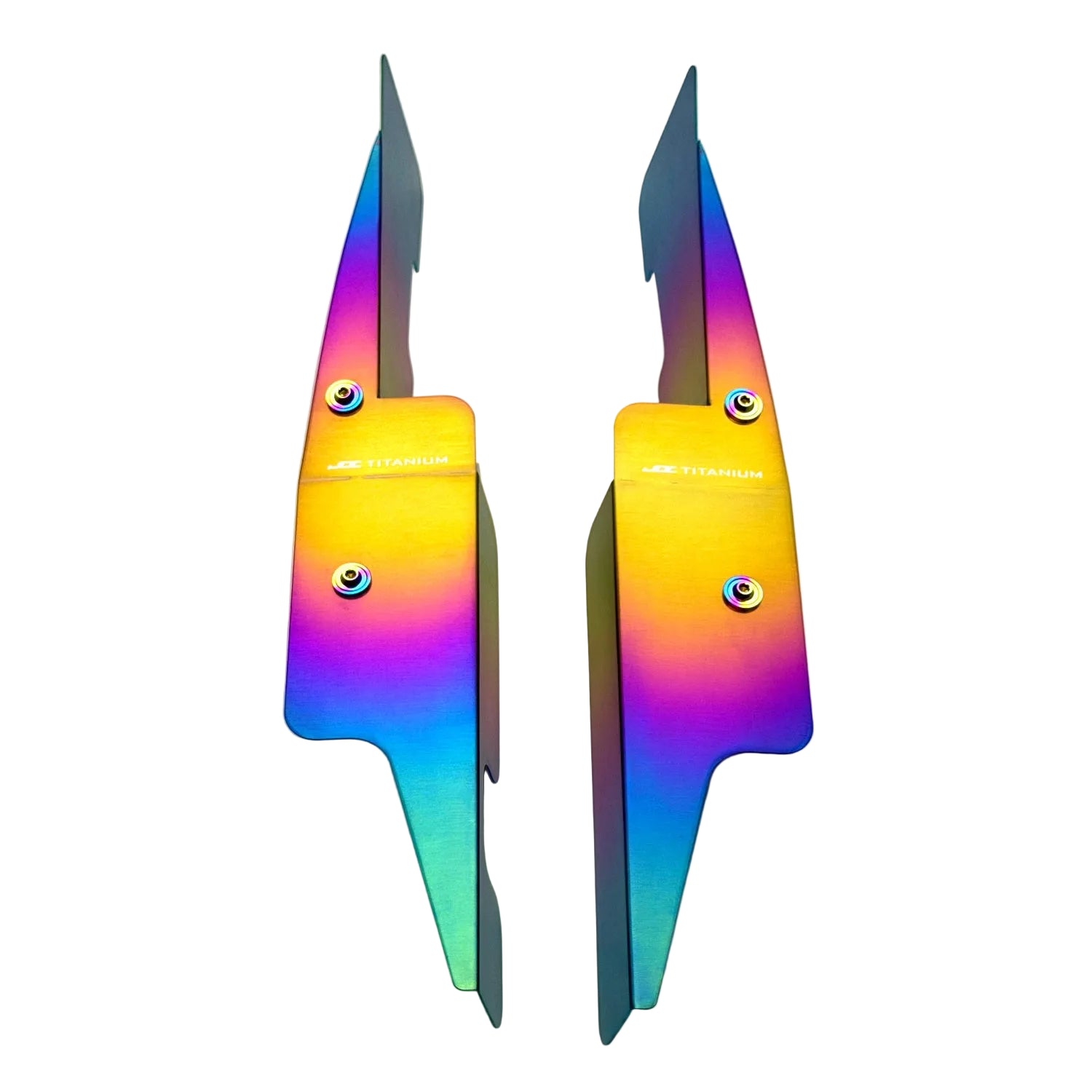 JDC Titanium fender shroud for 2023-2025 Toyota GR Corolla in a Freaktanium gradient finish with matching titanium hardware on a white background