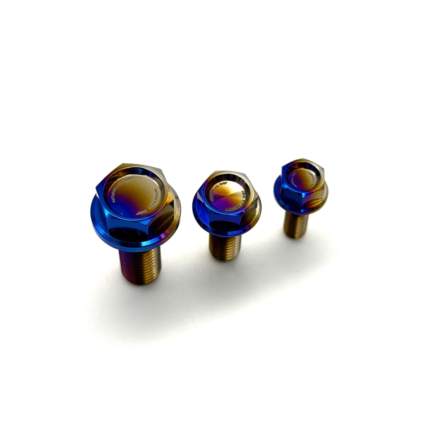 JDC Titanium flush-fit hex flange bolts in a burnt gradient color