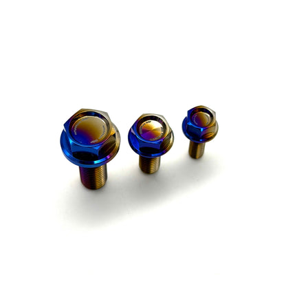 JDC Titanium flush-fit hex flange bolts in a burnt gradient color