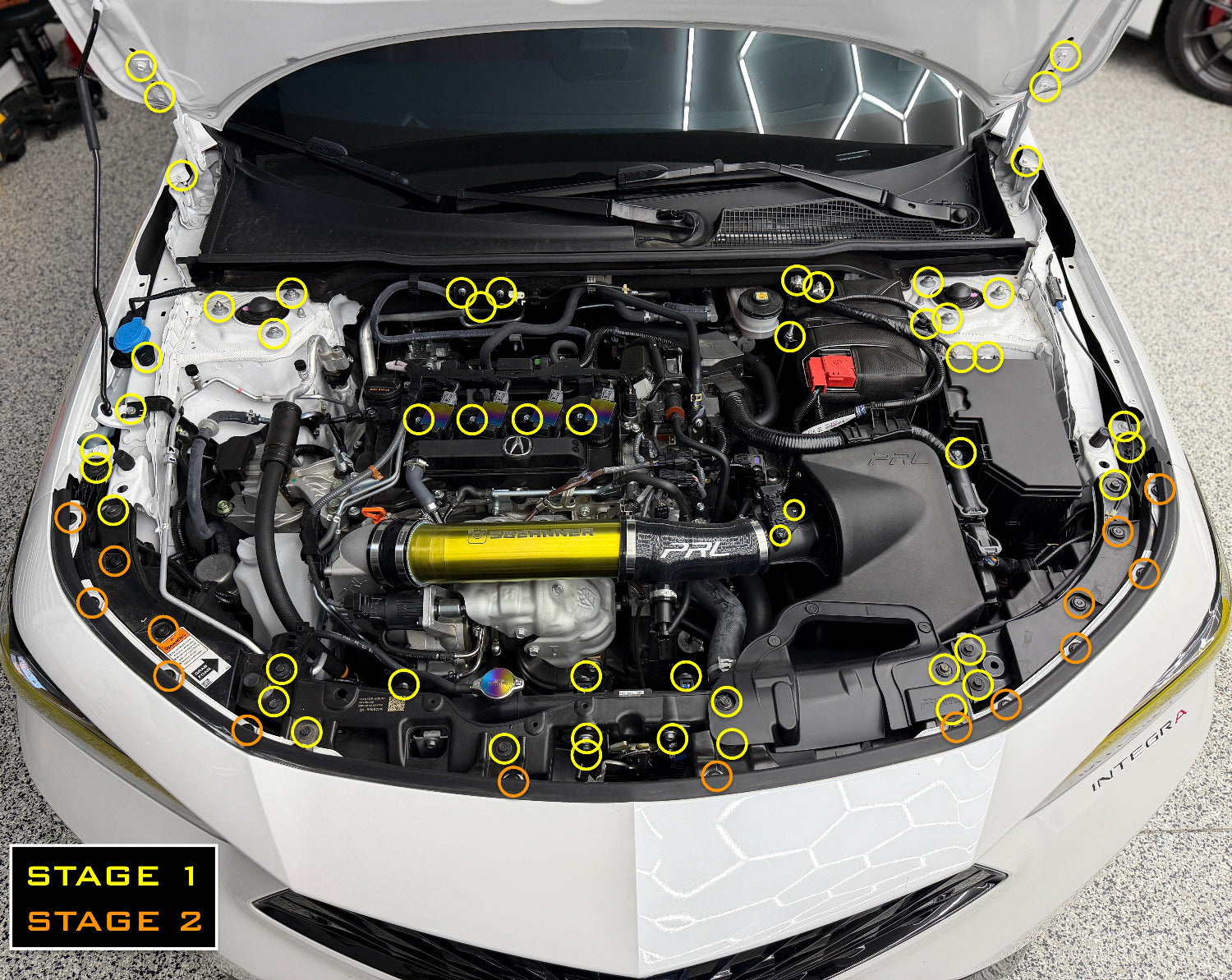 JDC Titanium hardware installed on a 2023 Acura Integra A-Spec with each piece circled.